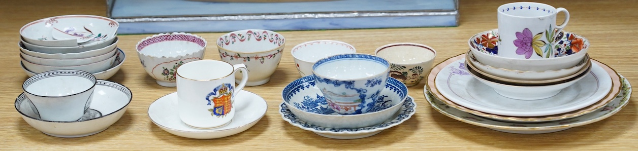 An 18th century teabowl and saucer painted with shipping, and other 18th century and later teaware. Condition - damage throughout